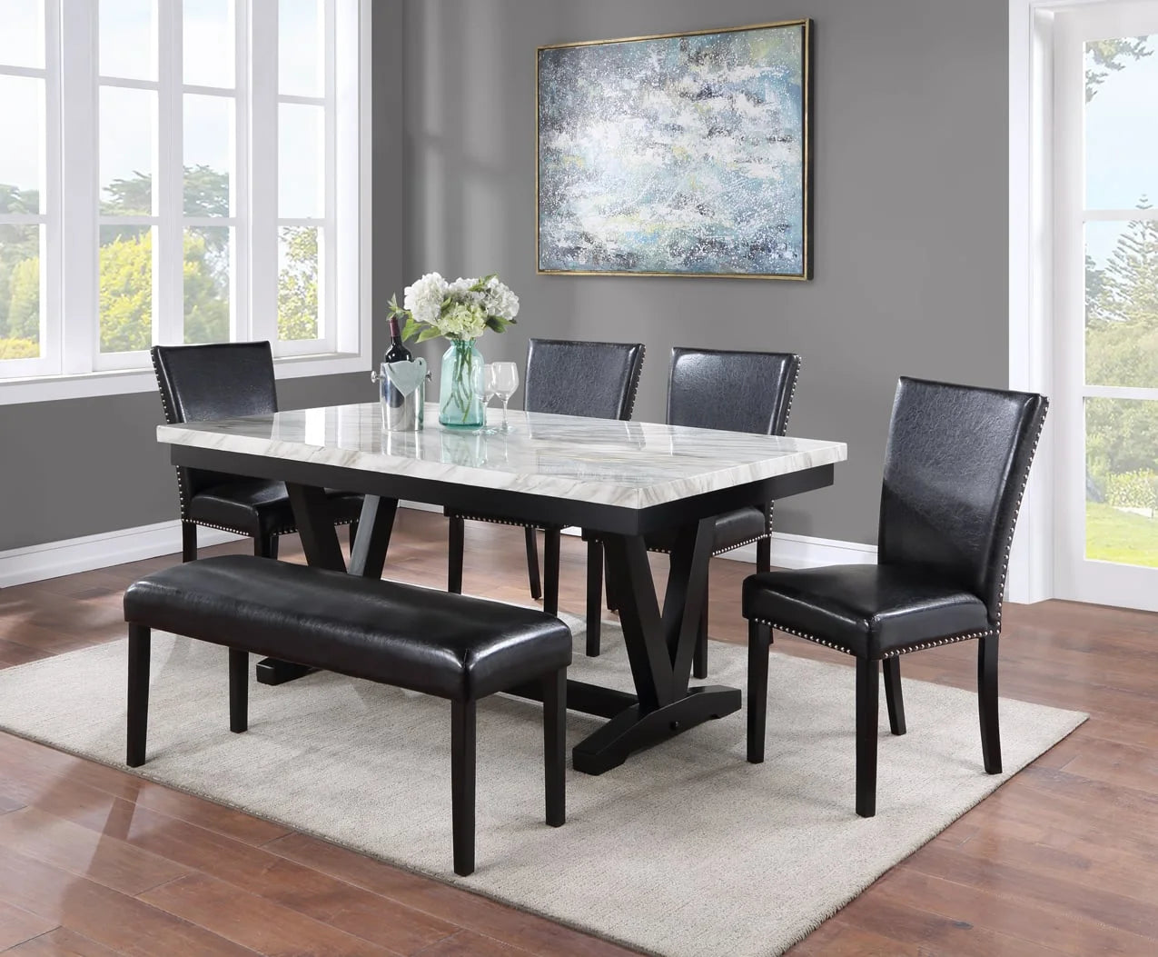 Brand New 6pc White Faux Marble & Black Finish Dining Set