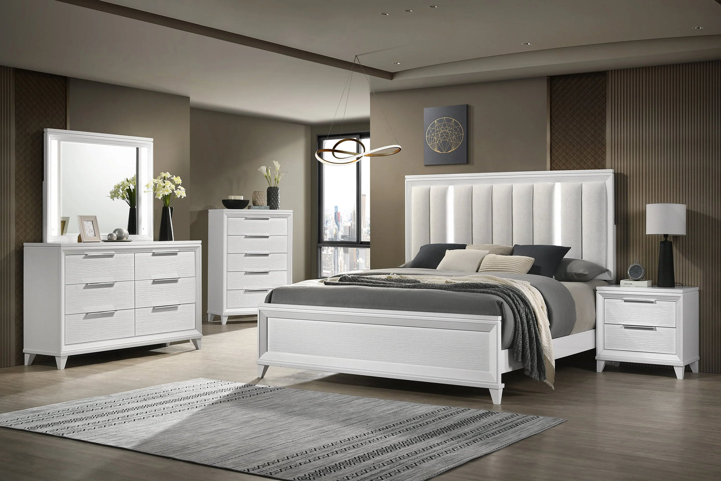 Brand New White 4pc Bedroom Set w/LED Headboard (Queen or King)