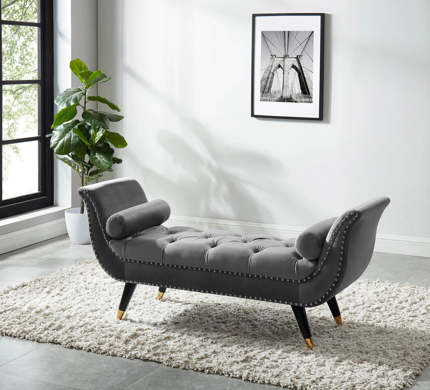 Brand New Velvet Arm Bench with 2 Pillows & Nailhead Trim (3 Colors)
