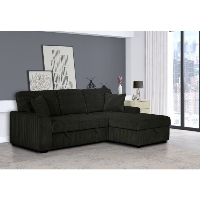 Brand New Black Corduroy RHF Pull Out Sectional Sofa & Storage