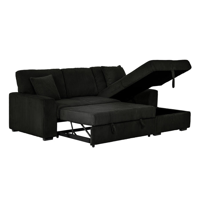 Brand New Black Corduroy RHF Pull Out Sectional Sofa & Storage