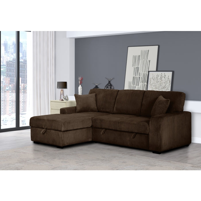 Brand New Dark Brown Corduroy LHF Pull Out Sectional Sofa & Storage