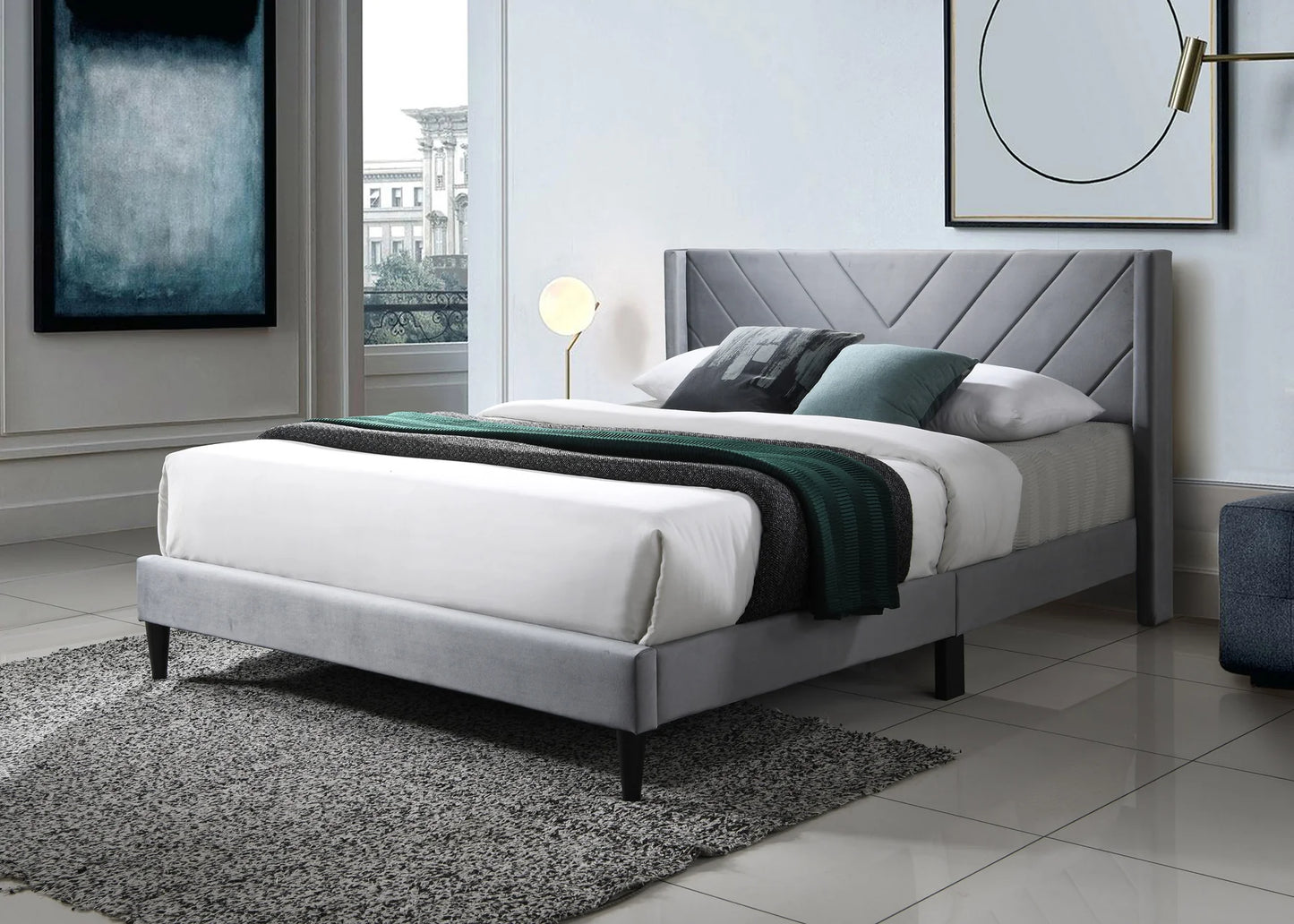 Brand New Grey Velvet Platform Bed (Full or Queen)
