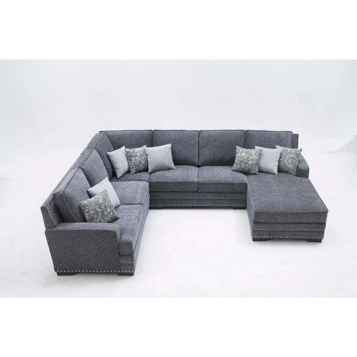 Brand New RHF Fabric U-Shaped Stationary Sectional Sofa w/ Chaise + Pillows (3 Colors)