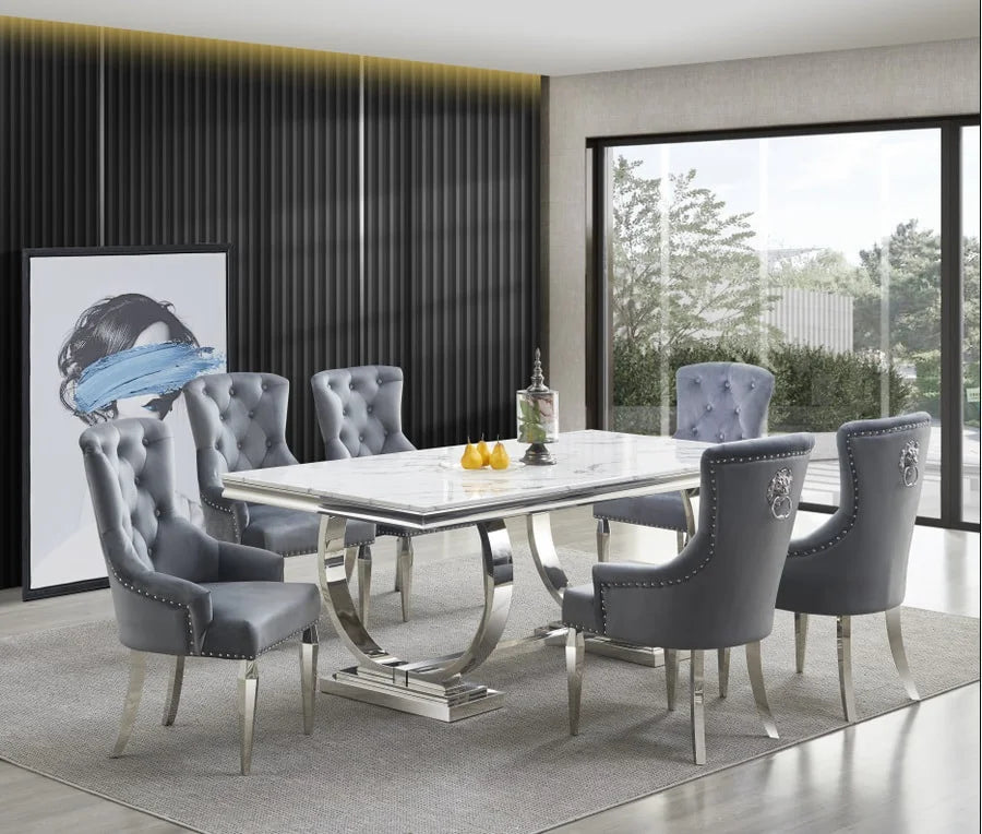 Brand New 7pc White Real Marble w/Chrome Dining Set