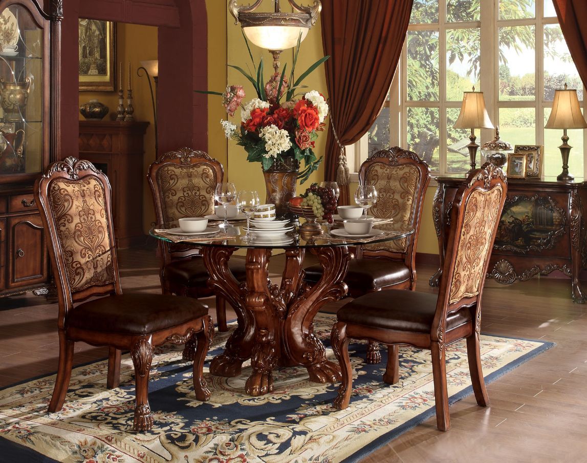 Brand New 5pc Clear Glass Top & Cherry Oak Finish Dining Set