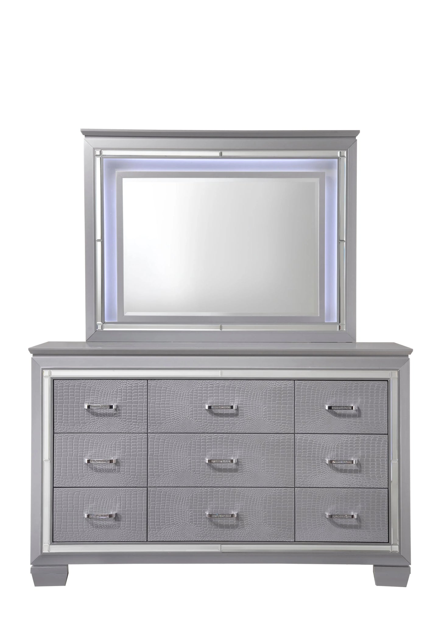 Brand New Silver 4pc Bedroom Set with LED Lights (2 Sizes)