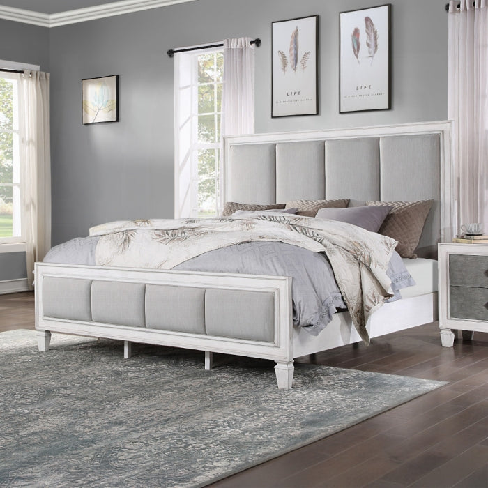 Brand New King Size Light Gray Linen, Rustic Gray & Weathered White Finish Bed