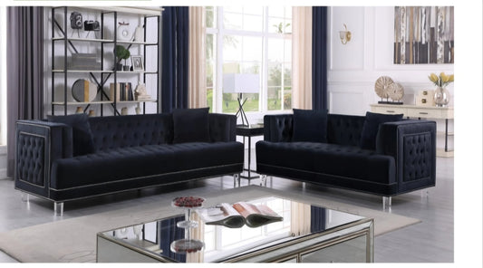 Brand New 2pc Black Velvet Sofa Set