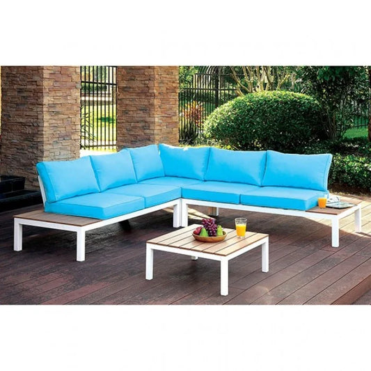 Brand New White/Oak/Blue Patio Sectional with Ottoman