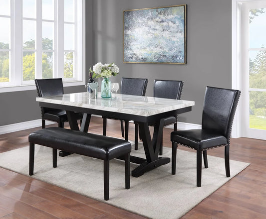 Brand New 6pc White Faux Marble & Black Finish Dining Set
