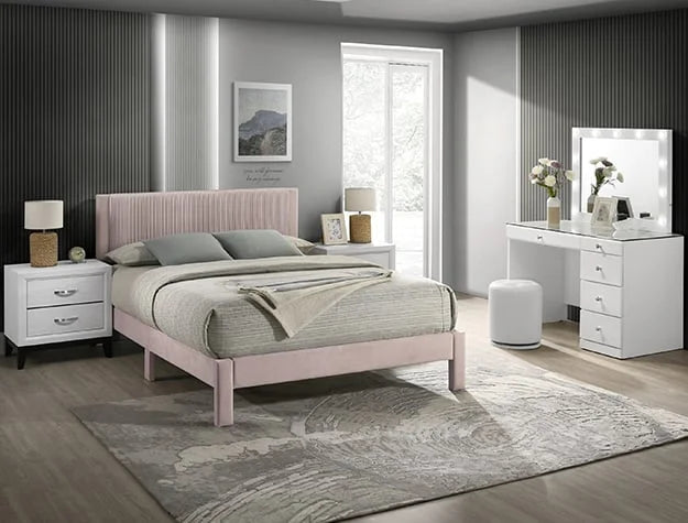 Brand New Twin Size Fabric Platform Bed (Light Grey or Pink)