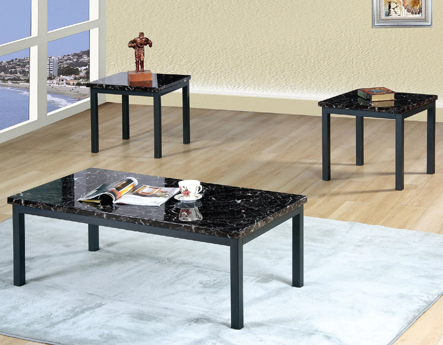 Brand New 3pc Faux Marble Coffee & End Table Set With Metal Legs