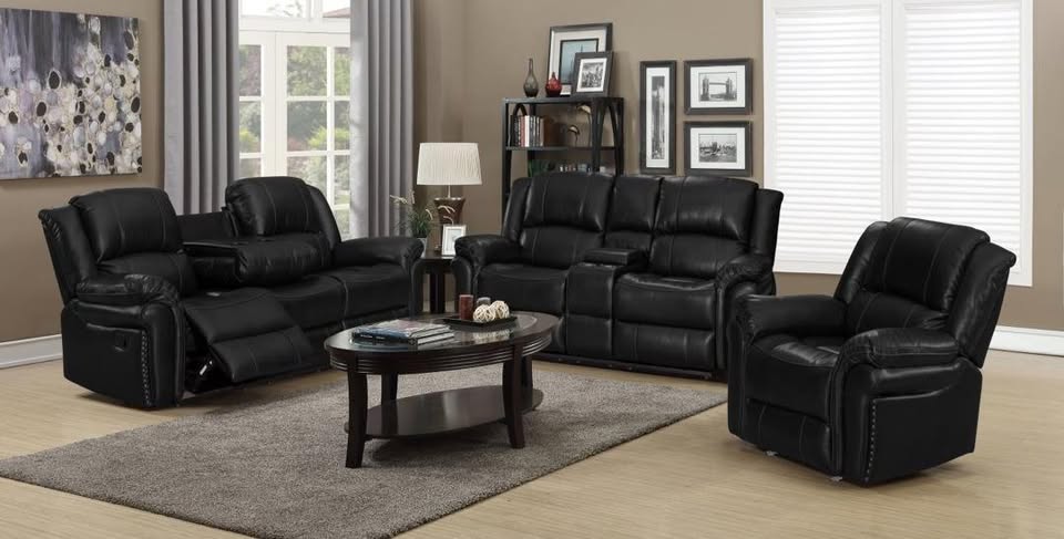 Brand New Black 3pc Reclining Sofa Set with Nail head & Drop-Down Cup Holder