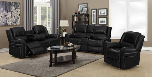 Brand New Black 3pc Reclining Sofa Set with Nail head & Drop-Down Cup Holder