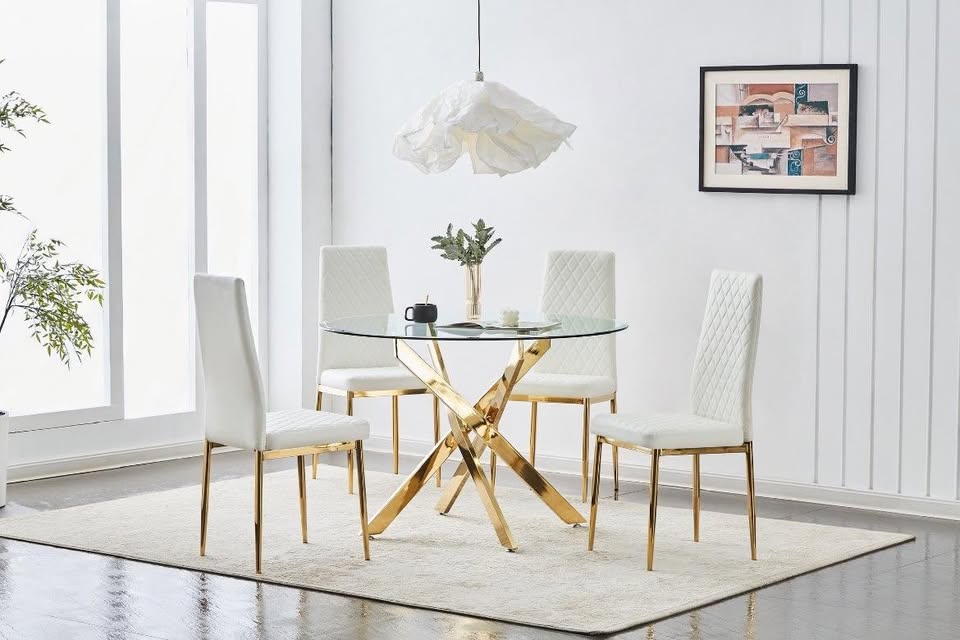 Brand New 5pc White/Gold Glass Top Dining Set