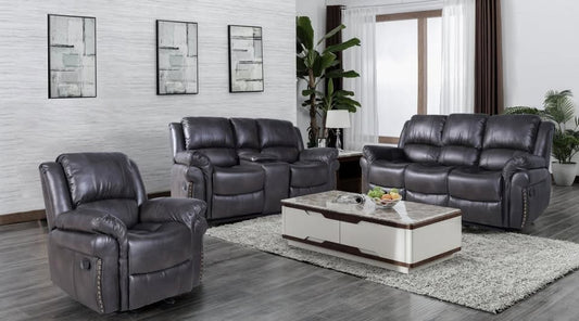 Brand New Grey 3pc Faux Leather Sofa Set with Nail Head Trim