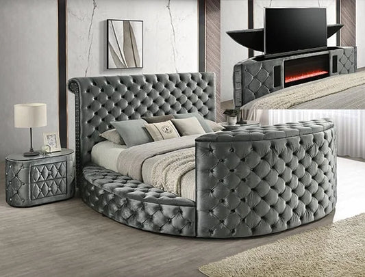 Brand New Velvet Bed w/Storage, LED Fireplace, & Motorized TV Mount (2 colors)