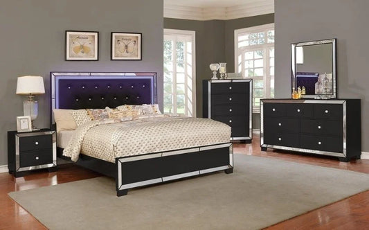 Brand New Queen Size Beautiful 4pc Black Bedroom Set w/LED Headboard
