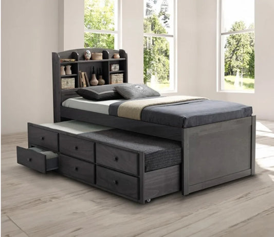 Brand New Grey Twin Size Captions Bed w/Trundle & Drawers