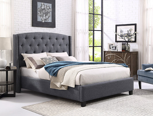 Brand New Gray Linen Fabric Bed With Nailhead Trim