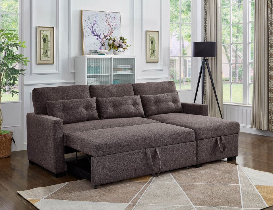 Brand New Sectional Sofa with Pullout Sleeper & Chaise Storage (Grey or Brown)