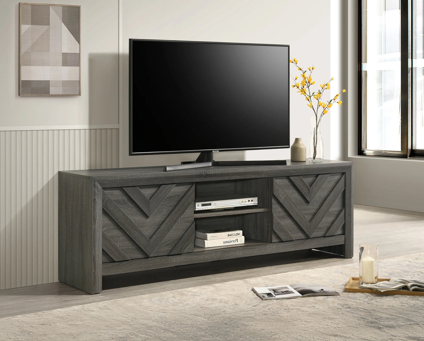 Brand New Grey Rustic 2-Door TV Cabinet with Open Shelves