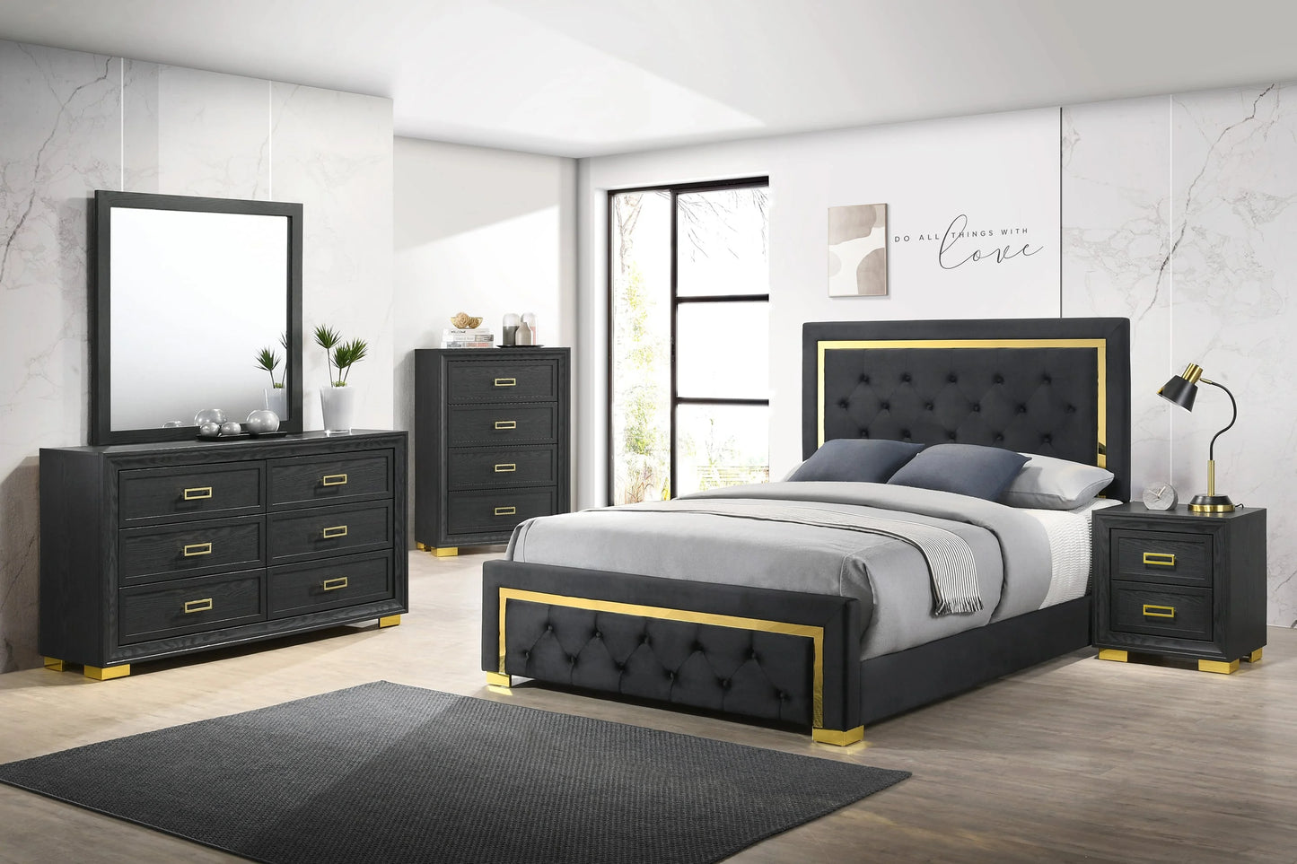 Brand New Dark Grey/Gold 4pc Bedroom Set (Queen or King)