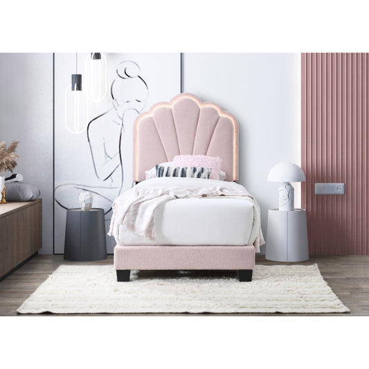 Brand New Twin Size Pink Bouclé Fabric Platform Bed w/LED