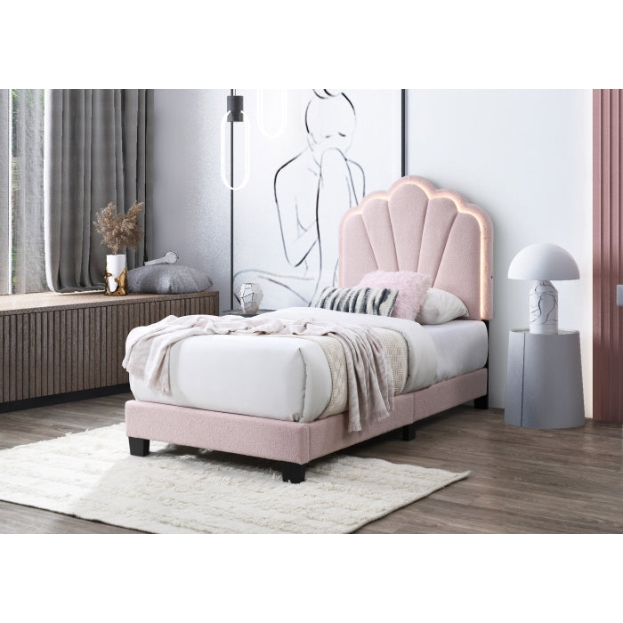 Brand New Twin Size Pink Bouclé Fabric Platform Bed w/LED