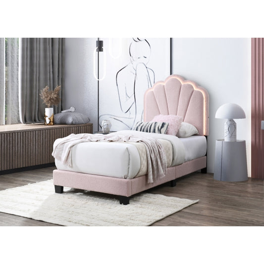 Brand New Twin Size Pink Bouclé Fabric Platform Bed w/LED