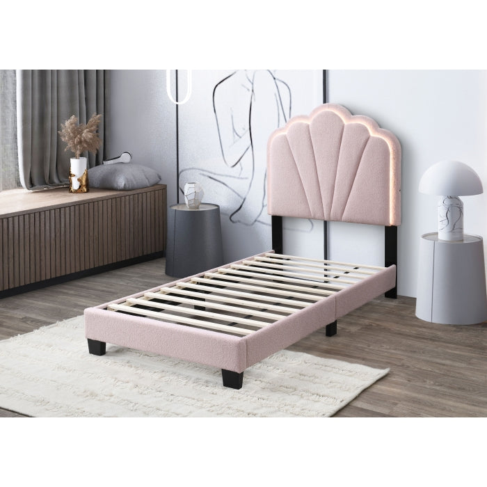 Brand New Twin Size Pink Bouclé Fabric Platform Bed w/LED