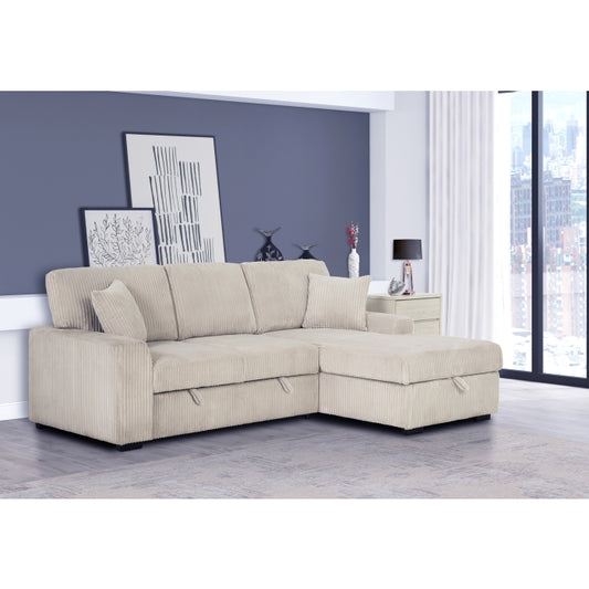 Brand New Taupe Corduroy Fabric Upholstered RHF Sectional Sofa Bed w/Storage