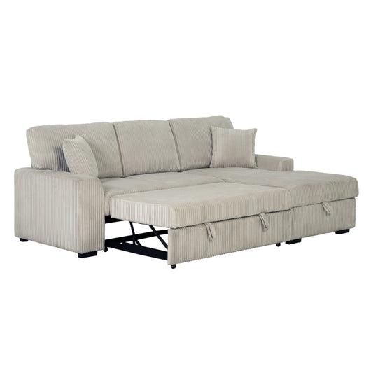 Brand New Taupe Corduroy Fabric Upholstered RHF Sectional Sofa Bed w/Storage