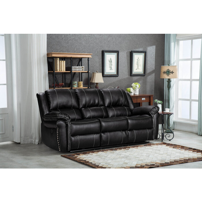 Brand New Black Air Leather Power USB Recliners Sofa w/ Stitching Design