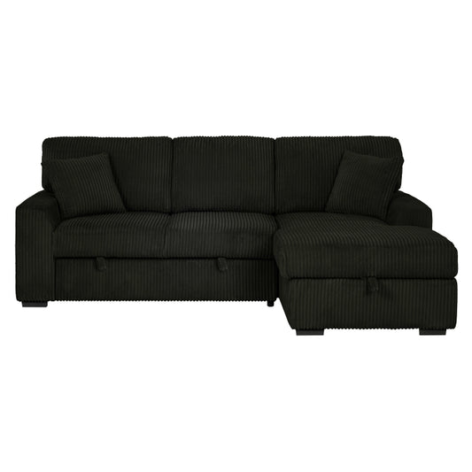 Brand New Black Corduroy RHF Pull Out Sectional Sofa & Storage
