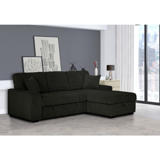 Brand New Black Corduroy RHF Pull Out Sectional Sofa & Storage