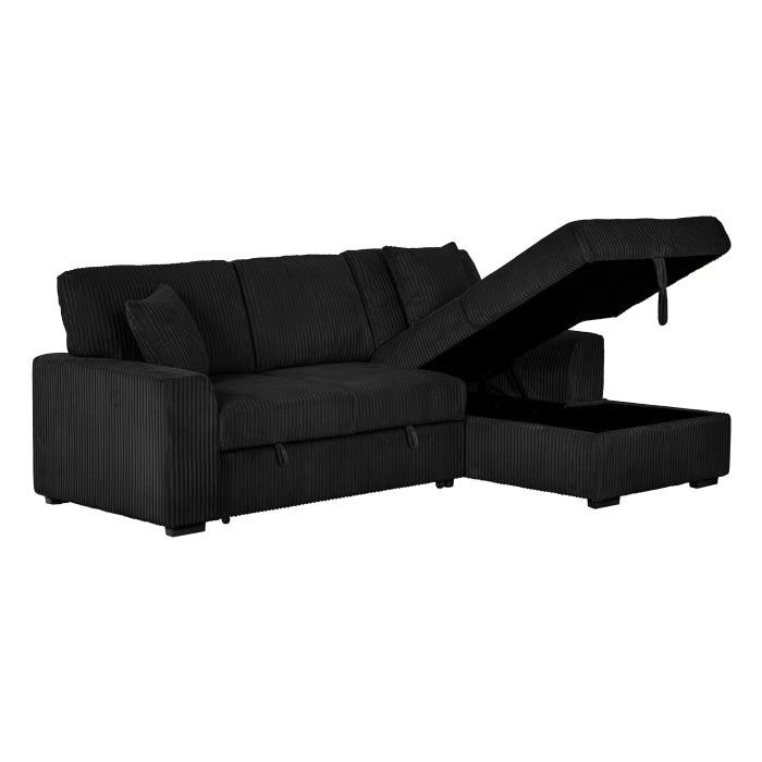 Brand New Black Corduroy RHF Pull Out Sectional Sofa & Storage