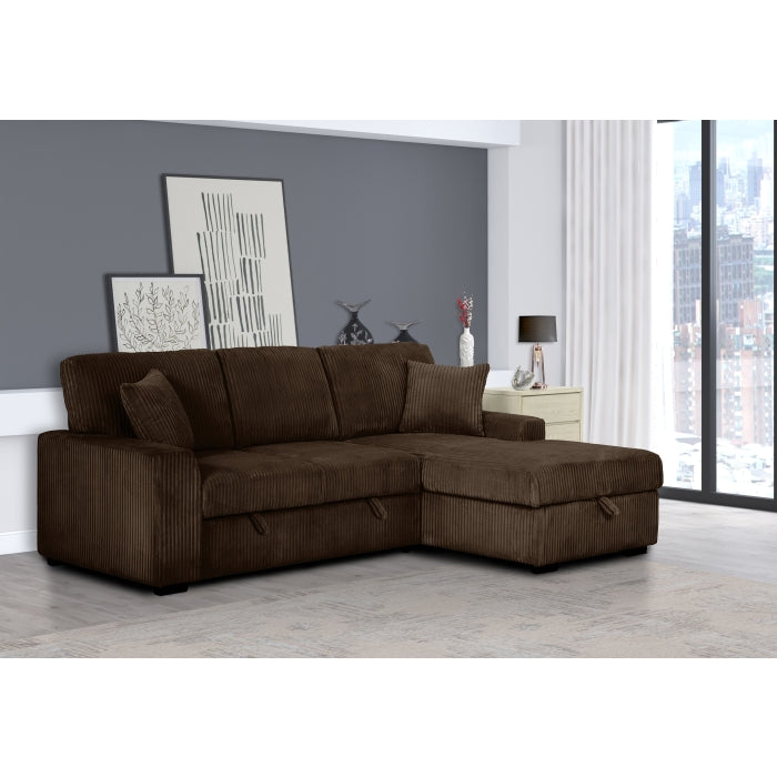 Brand New CHOCOLATE Fabric RHF Pull Out Sectional Sofa & Storage
