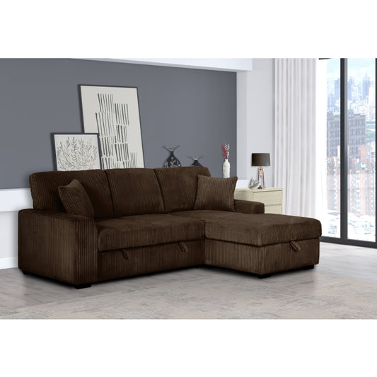Brand New CHOCOLATE Fabric RHF Pull Out Sectional Sofa & Storage