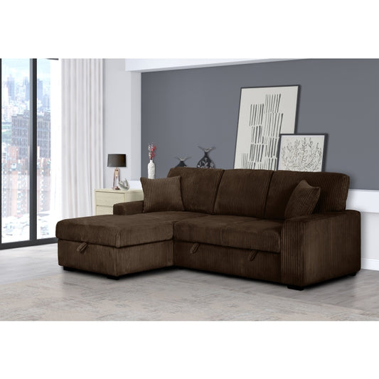 Brand New Dark Brown Corduroy LHF Pull Out Sectional Sofa & Storage