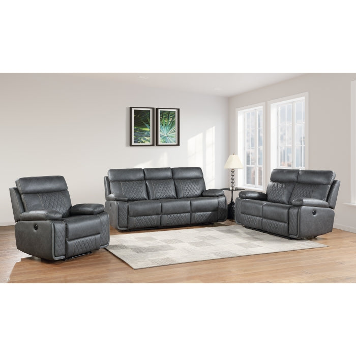Brand New 3pc Dark Grey Breathable Air Leather Power USB Recliners Sofa Set