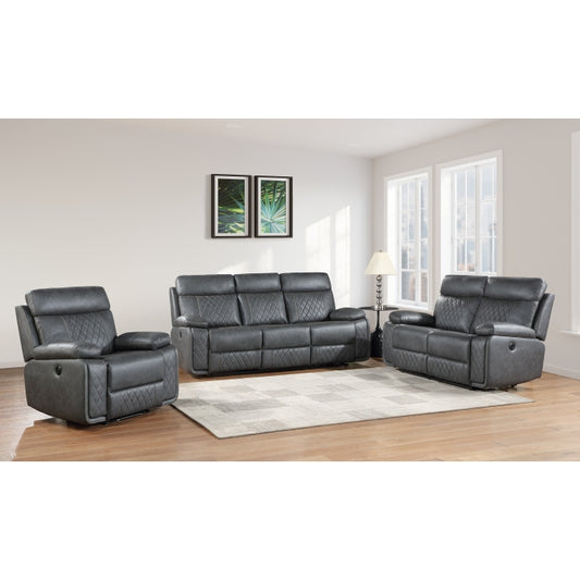 Brand New 3pc Dark Grey Breathable Air Leather Power USB Recliners Sofa Set