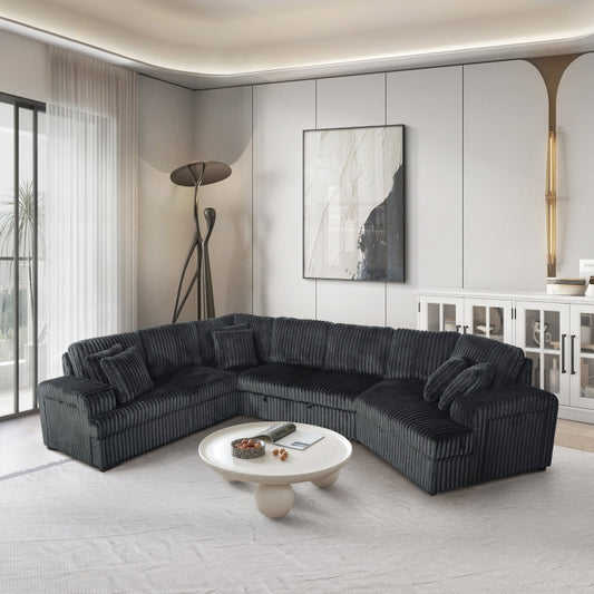 Brand New Black Jumbo Corduroy Sectional w/Pull out Bed & Storage Armrest w/ USB + Pillows