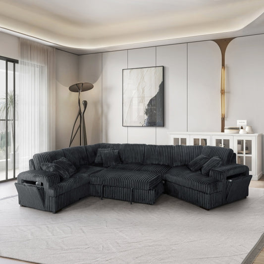 Brand New Black Jumbo Corduroy Sectional w/Pull out Bed & Storage Armrest w/ USB + Pillows