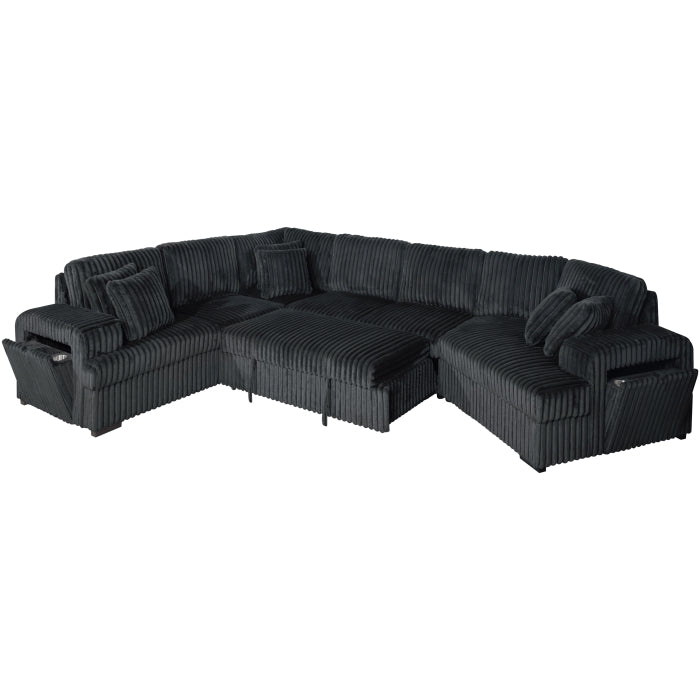 Brand New Black Jumbo Corduroy Sectional w/Pull out Bed & Storage Armrest w/ USB + Pillows