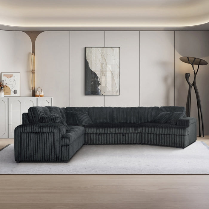 Brand New Black Jumbo Corduroy Sectional w/Pull out Bed & Storage Armrest w/ USB + Pillows
