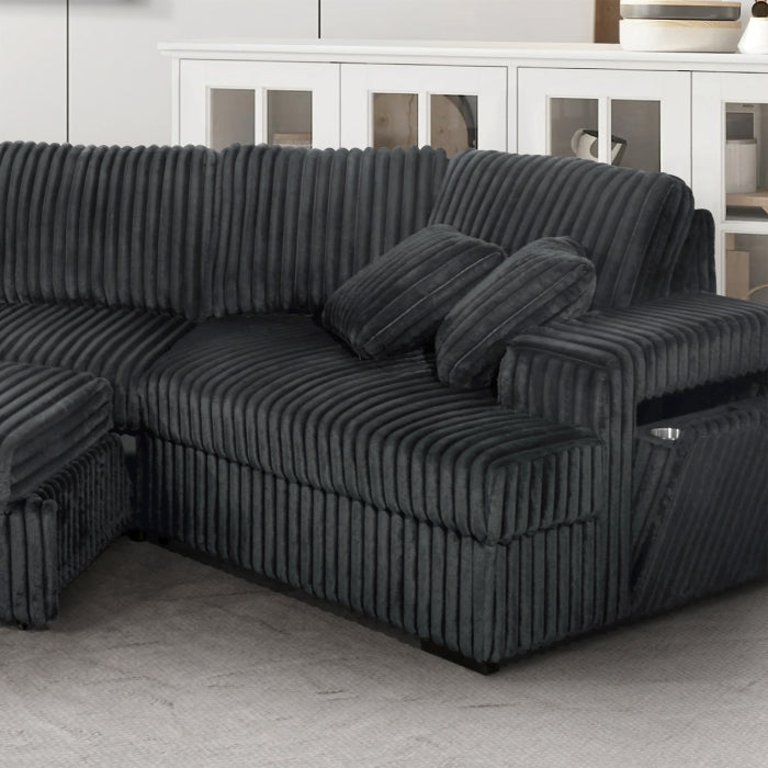 Brand New Black Jumbo Corduroy Sectional w/Pull out Bed & Storage Armrest w/ USB + Pillows