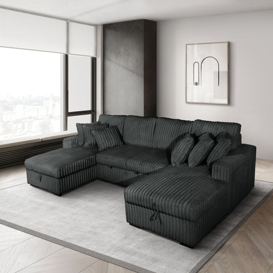 Brand New Corduroy U-Shaped Pull Out Sectional Sofa w/ Storage Chaises w/ USB + Pillows (3 Colors)