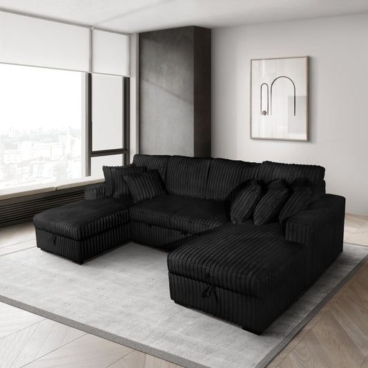 Brand New Corduroy U-Shaped Pull Out Sectional Sofa w/ Storage Chaises w/ USB + Pillows (3 Colors)